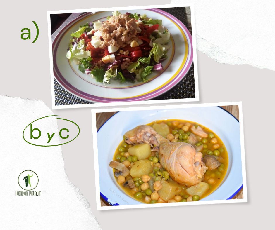 Ensalada de pimientos asados atún y huevo con Estofado de pollo y garbanzos